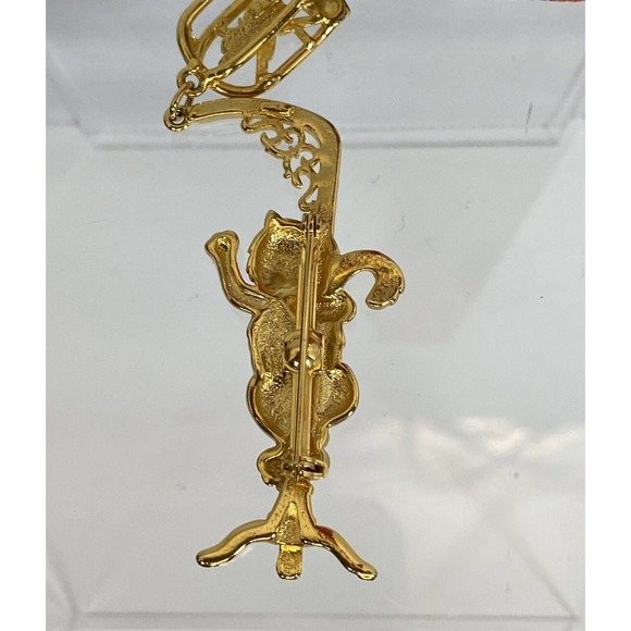 JJ Cat Bird Cage Pin Brooch Vintage Goldtone Animal Parrot Dangle Articulated - Picture 2 of 3
